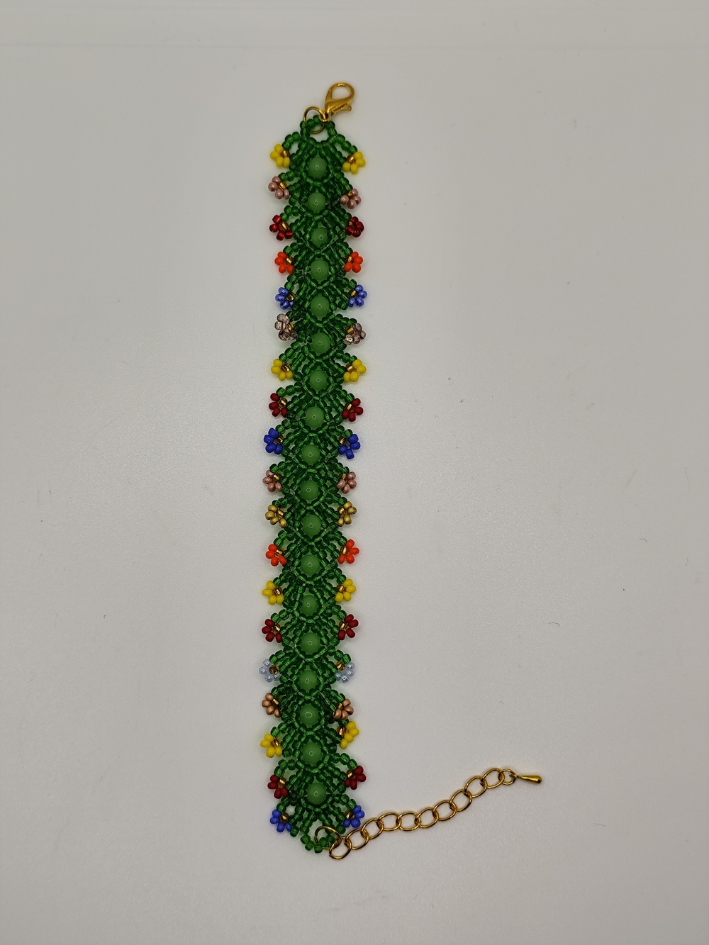 Green Floral Beaded Lace Bracelet with Gold Clasp